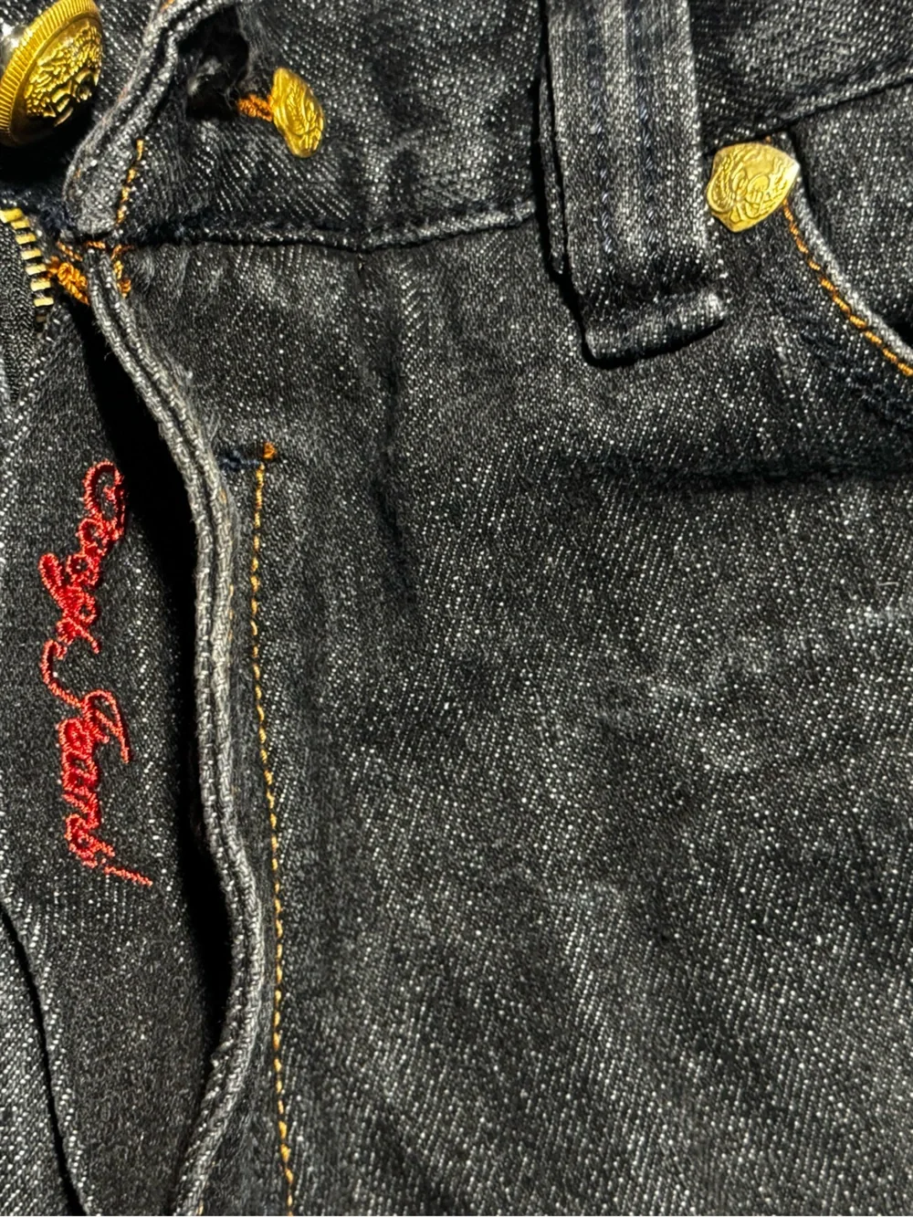 COOGI Black Denim Jeans with Red & Gold Embroidered Back 42x 16 1/2